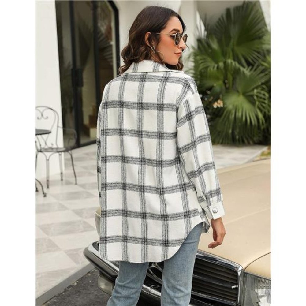 White Plaid Printed Flannel Button Up Shacket Jacket Coat Thick Long Sleeve Top - Picture 4 of 6
